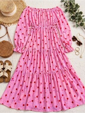 Scoop Pink Red Polka Dot Off Shoulder Maxi Dress XXXL 22